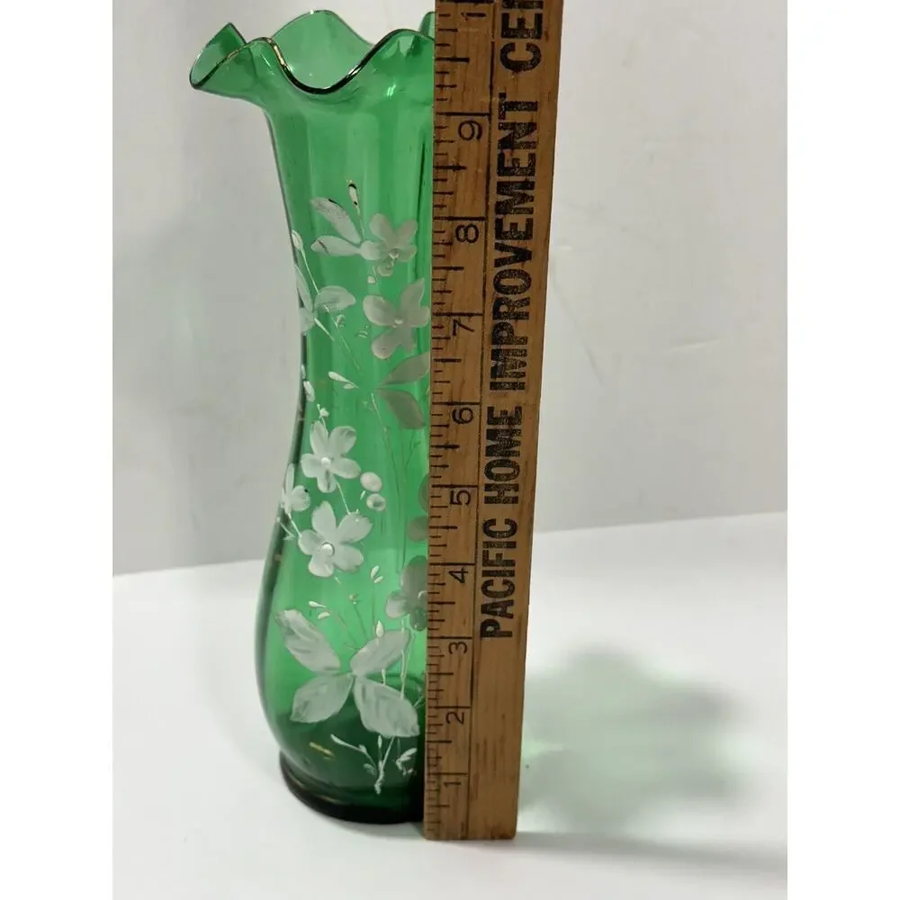 Antique Hand Blown Emerald Glass Vase Moser? Painted Enamel‎ Ruffled Edge 9.5”